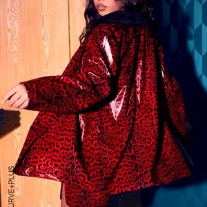 Plus Lapel Neck Leopard Print Single Button PU Leather Blazer